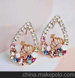 韓版少女時(shí)尚飾品 藍(lán)寶石色水晶耳釘 批發(fā)防過敏耳釘 三角形耳飾
